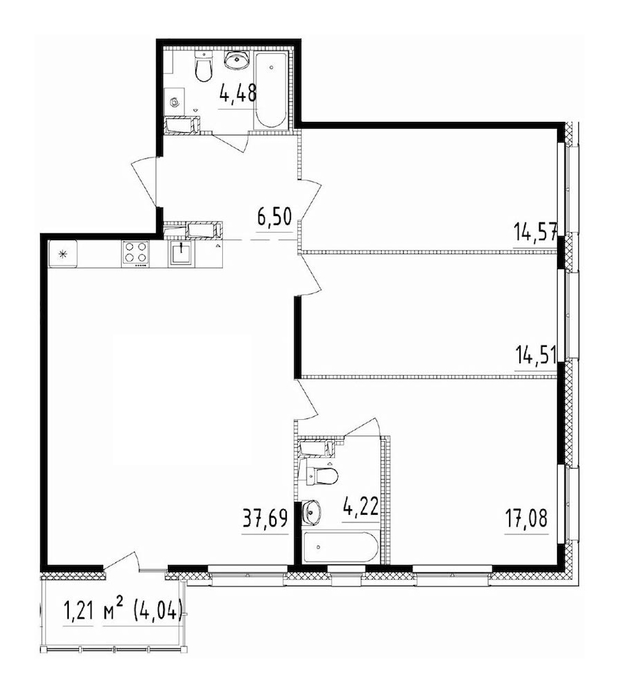 3-комнатная квартира 99.05 м², 12/12 эт., ЖК «Чёрная речка»